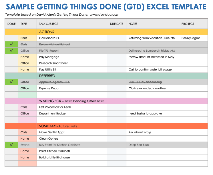 Downloade getting things done excel template