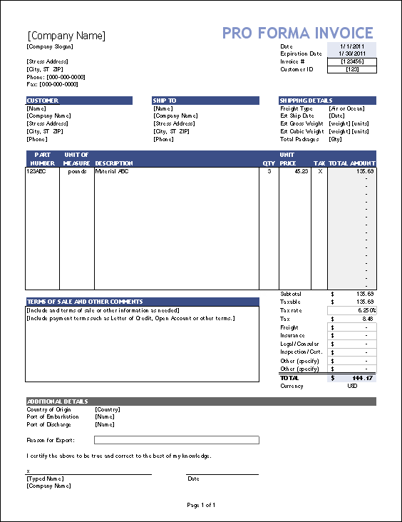 Downloade proforma invoice template excel