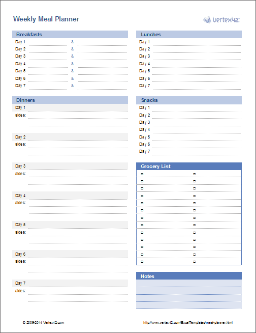 Downloade weekly food planner template excel